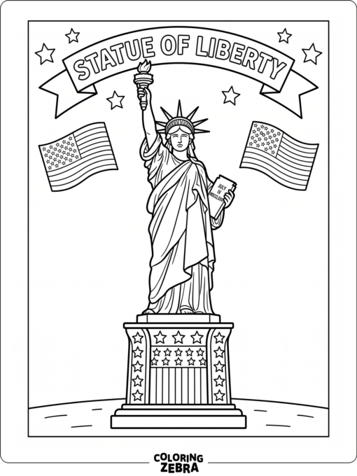 Statue of Liberty with stars and stripes around her