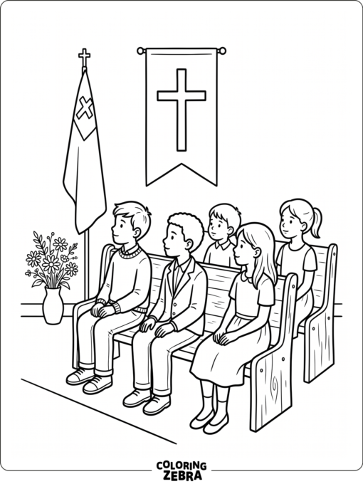 Children in church with a cross and flag