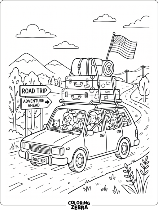 Road trip car with suitcases and a flag