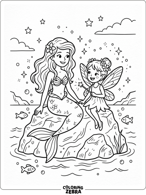 A mermaid and a fairy sitting together on a rock