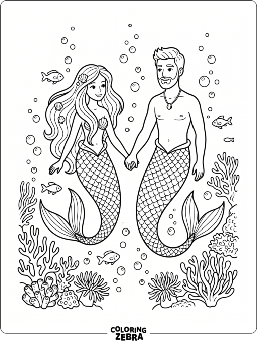 A mermaid and merman holding hands among coral