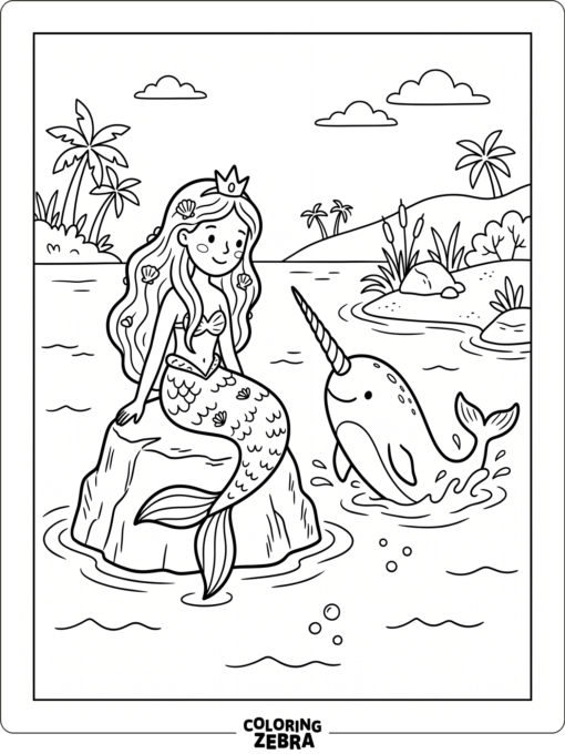 A mermaid sitting beside a narwhal