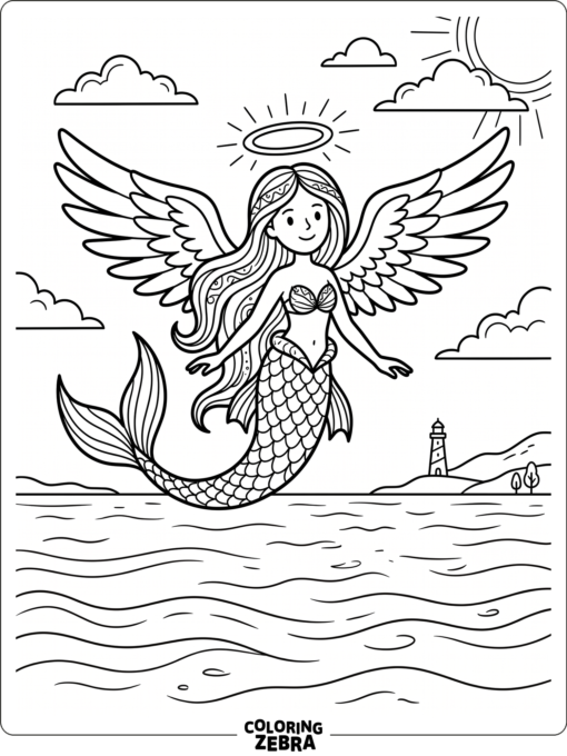 A mermaid with angel wings and a halo