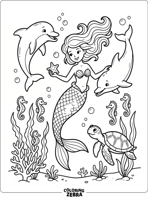 A mermaid with dolphins, seahorses, and a turtle