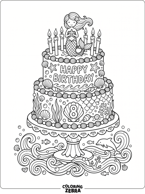 A mermaid birthday cake with shells and candles