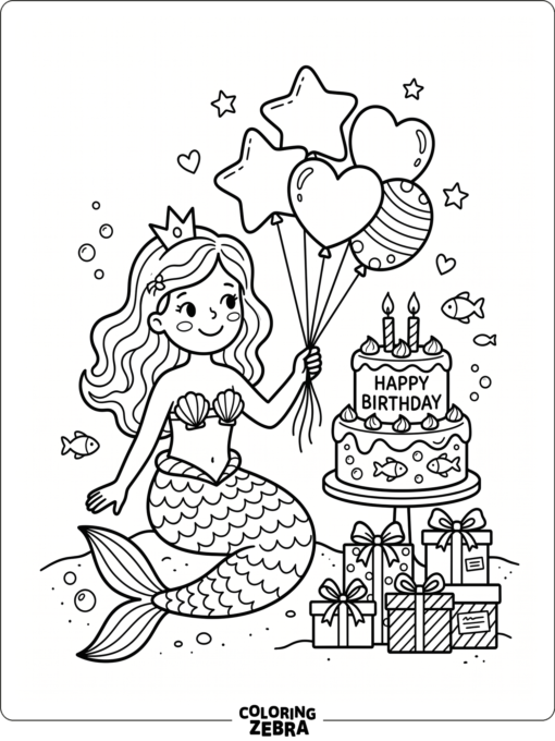 A mermaid holding balloons beside a birthday cake