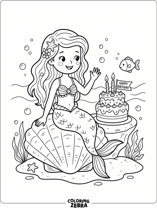 A mermaid on a seashell beside a birthday cake