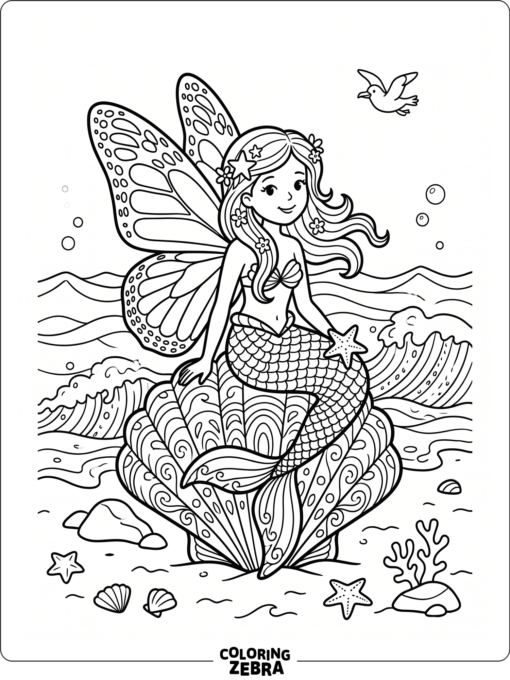 A mermaid with butterfly wings above sea flowers