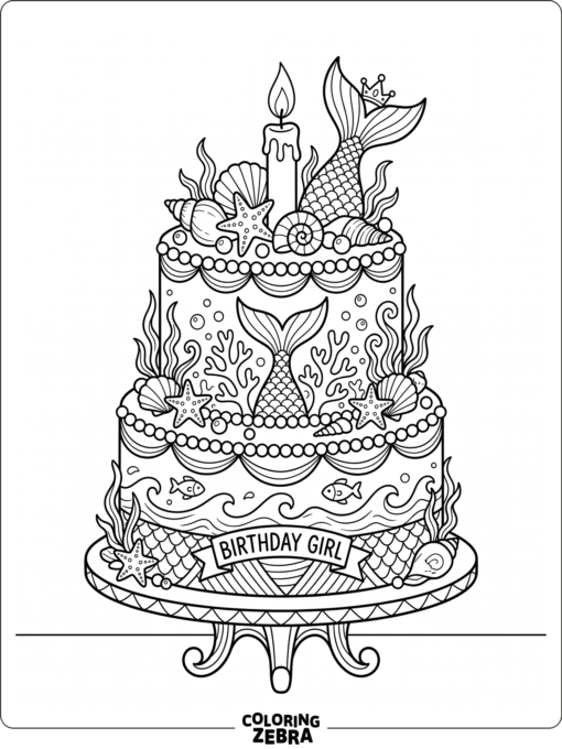 A mermaid cake topped with shells and pearls