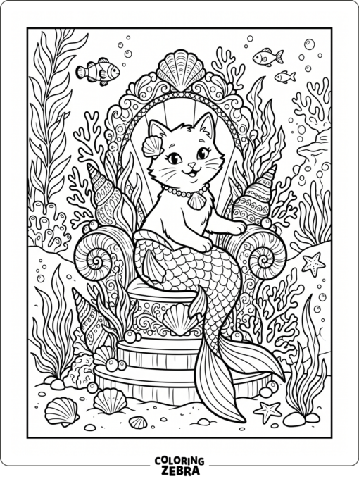 A mermaid cat sitting on a seashell throne