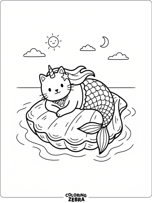 A mermaid caticorn resting on a seashell