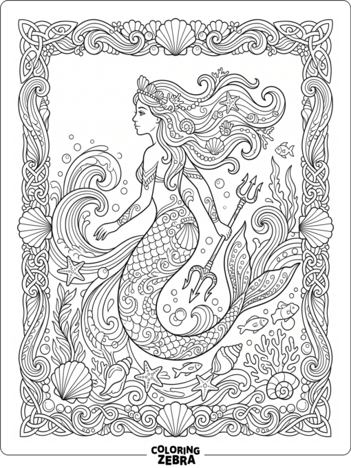 An ornate mermaid with shells and decorative border details