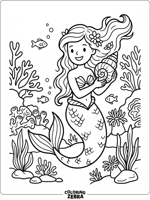 A smiling mermaid holding a shell near coral