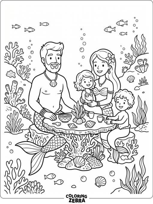 A mermaid family gathered around a coral table