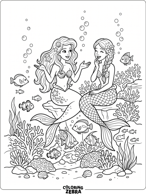 Two mermaids talking near coral and fish