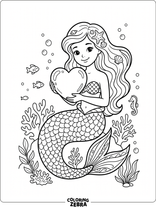 A mermaid holding a heart-shaped pearl