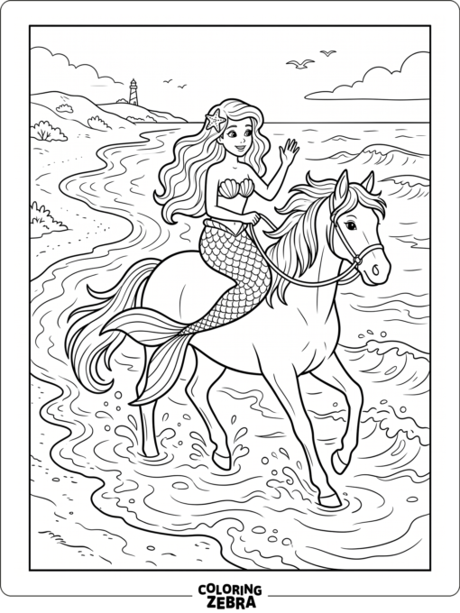A mermaid riding a horse through shallow surf