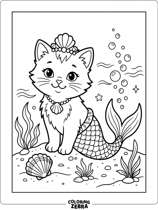 A kitten in a mermaid tail beside bubbles and a shell