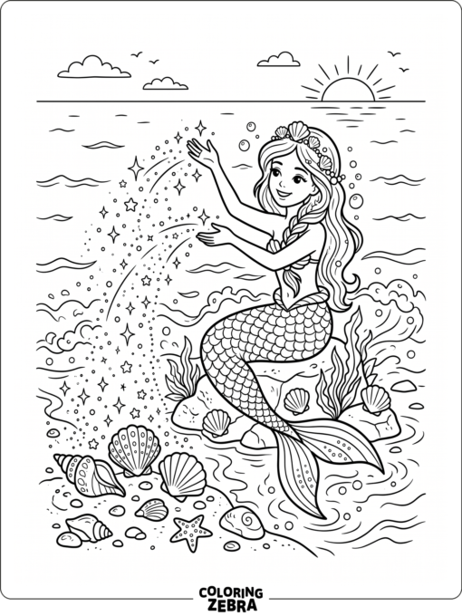 A mermaid casting sparkles over shells and waves
