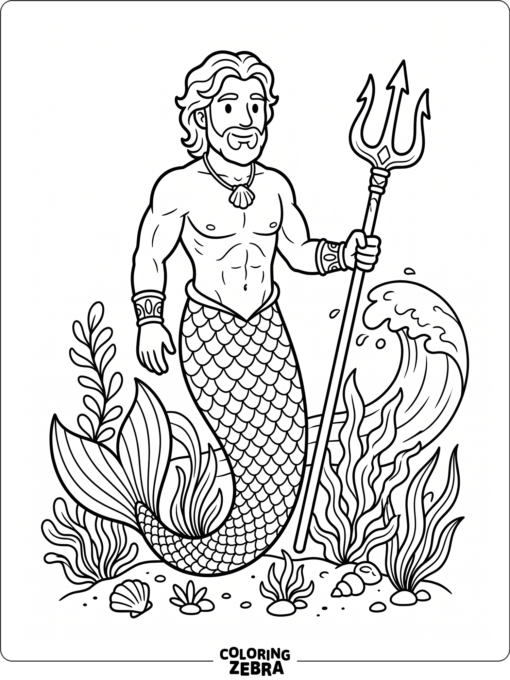 A merman holding a trident near seaweed