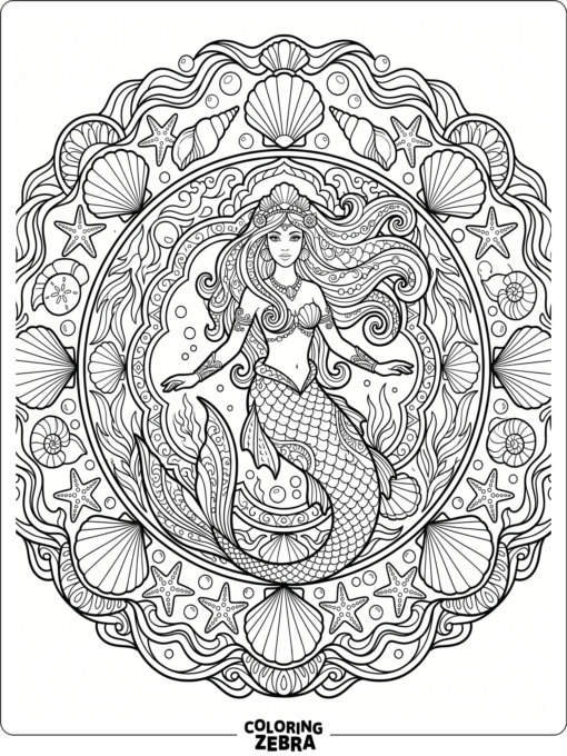 A mermaid surrounded by mandala patterns and seashells