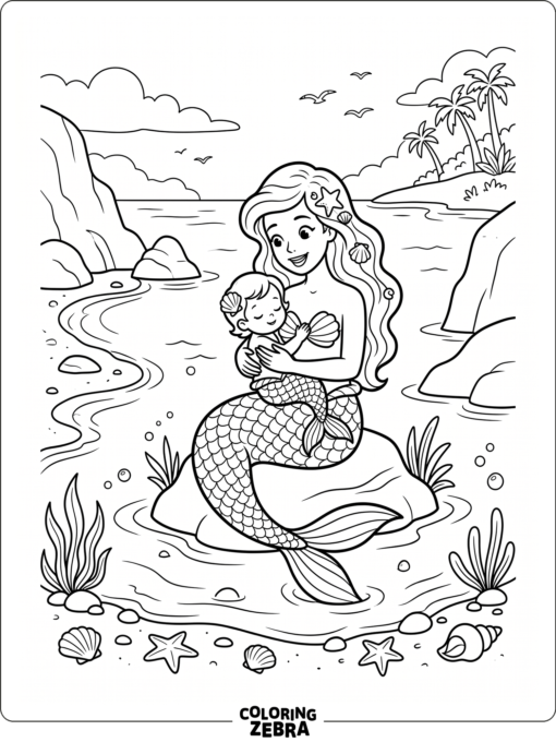 A mermaid mother holding a baby mermaid
