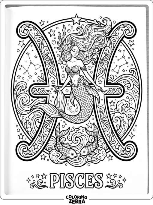 A mermaid with the Pisces symbol and stars