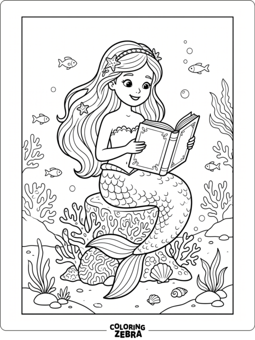 A mermaid reading a book on a coral stool