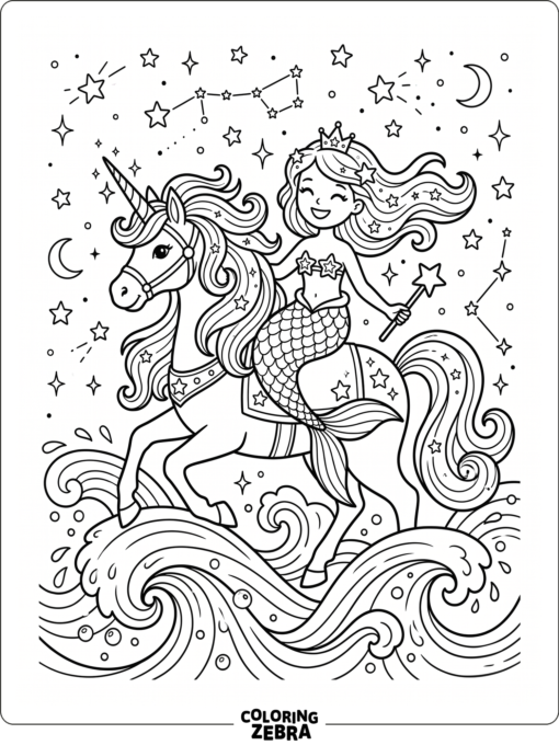 A mermaid riding a unicorn across the waves
