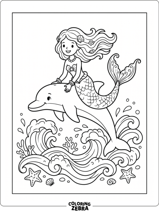 A mermaid riding on a dolphin through the waves