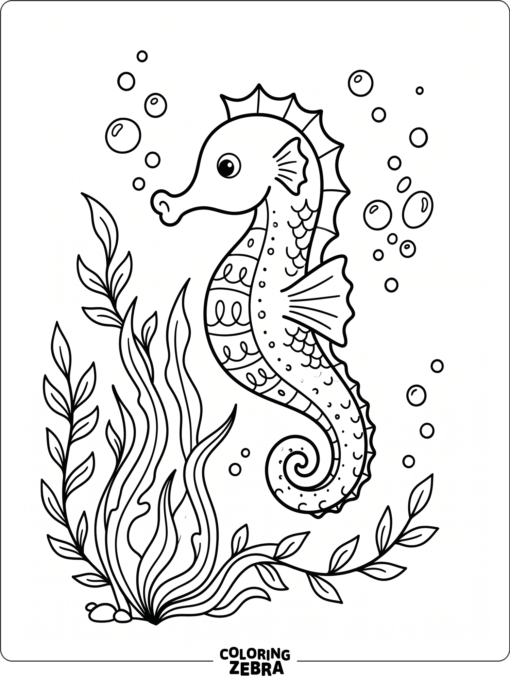 A seahorse with seaweed and bubbles around it