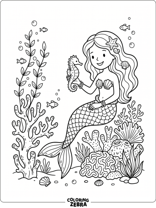 A mermaid holding a seahorse near coral and sea grass
