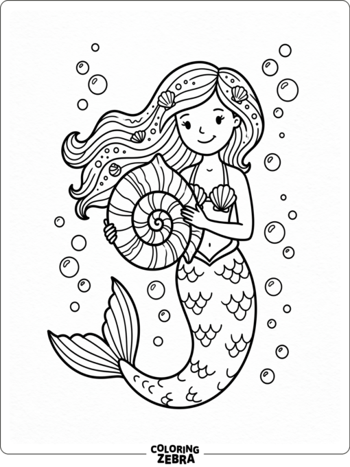 A mermaid holding a large spiral shell with bubbles