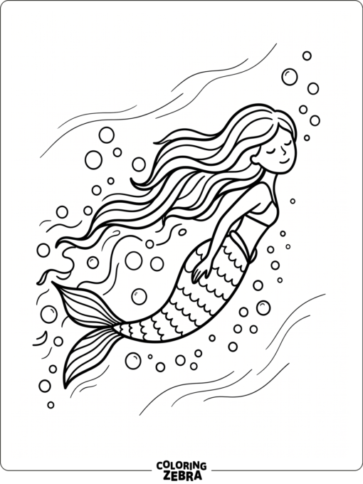 A mermaid swimming through open water with bubbles