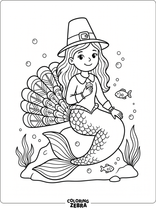 A mermaid with a turkey tail and pilgrim hat