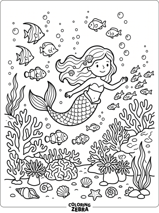 A mermaid exploring a coral reef with fish and shells