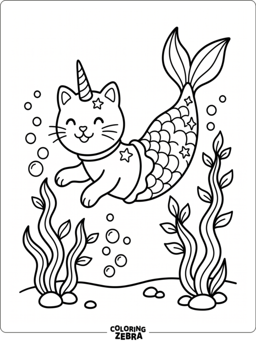 A mermaid caticorn swimming past bubbles and seaweed