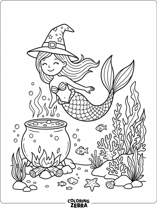 A mermaid in a witch hat near a cauldron