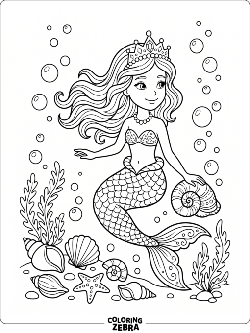 A mermaid wearing a jeweled crown beside seashells