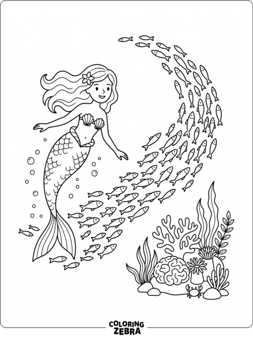 A mermaid swimming with a school of fish