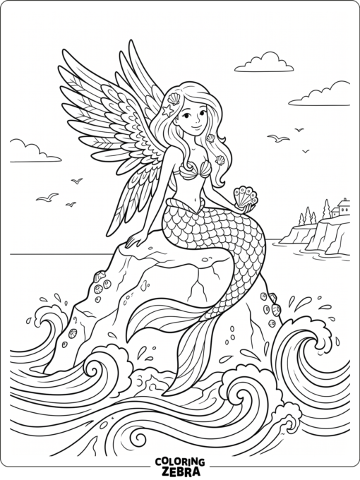 A mermaid with wings perched on a rock above waves
