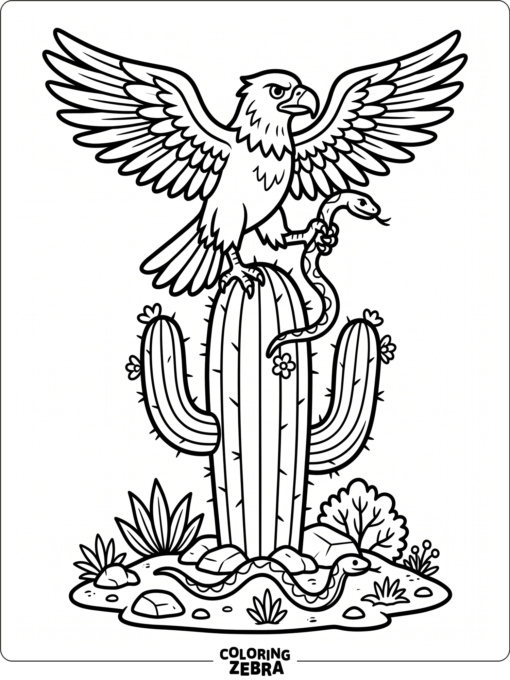 A Mexican eagle perched on a cactus