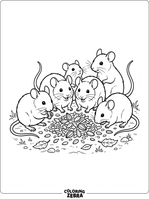 Several mice gathered around a pile of seeds