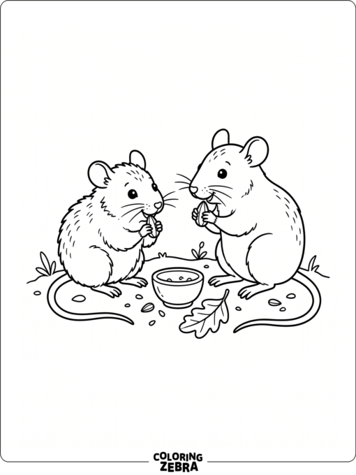 Two mice sharing seeds near a bowl