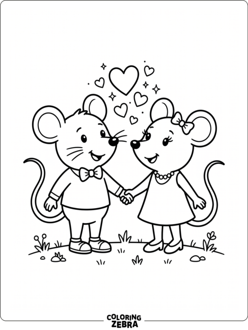 Mickey and Minnie holding hands with hearts