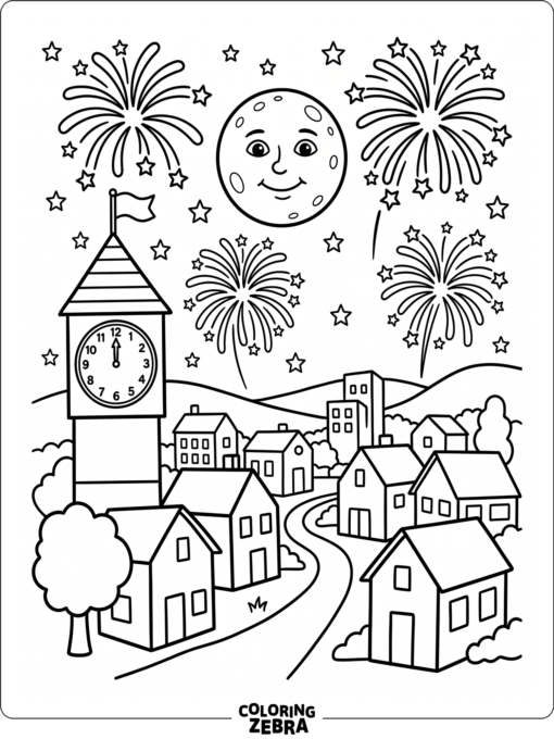 A midnight clock with moonlight and fireworks over a quiet town