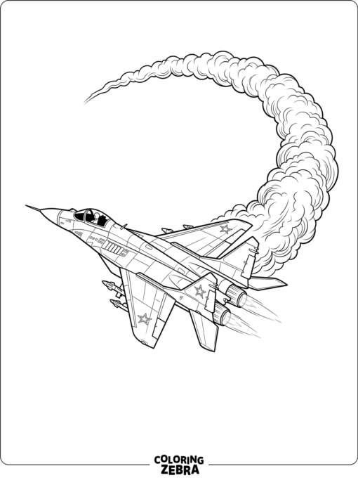 A MiG fighter jet flying fast with a smoke trail