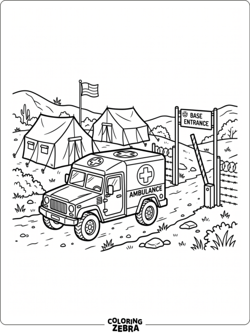 A military ambulance parked near a base gate