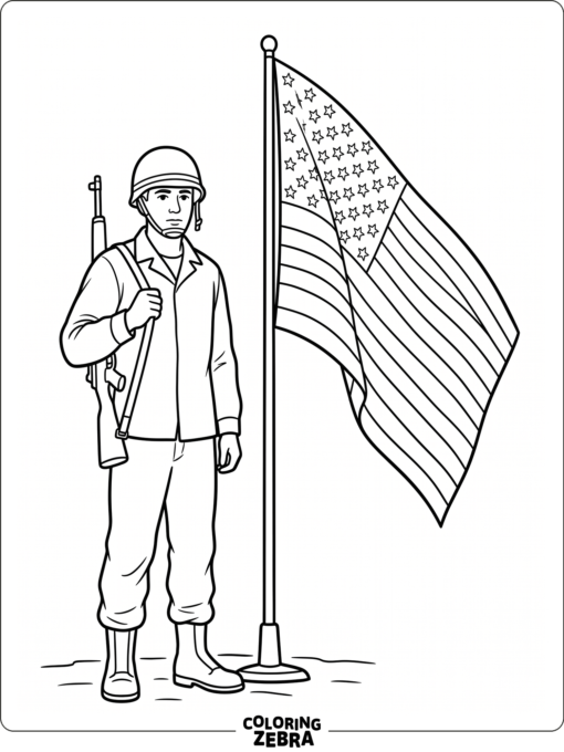 A soldier beside a large American flag with stars