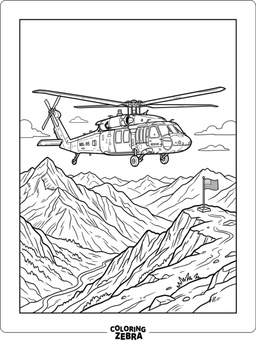 Military helicopter over mountains and a flag marker